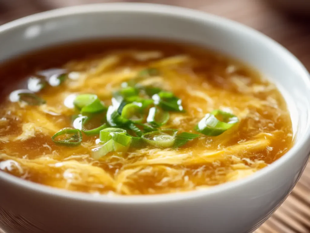 Easy Egg Drop Soup Recipe Ready in 10 Minutes 12 Current image: Easy egg drop soup in a white ceramic bowl with silky golden egg ribbons and green onion garnish
