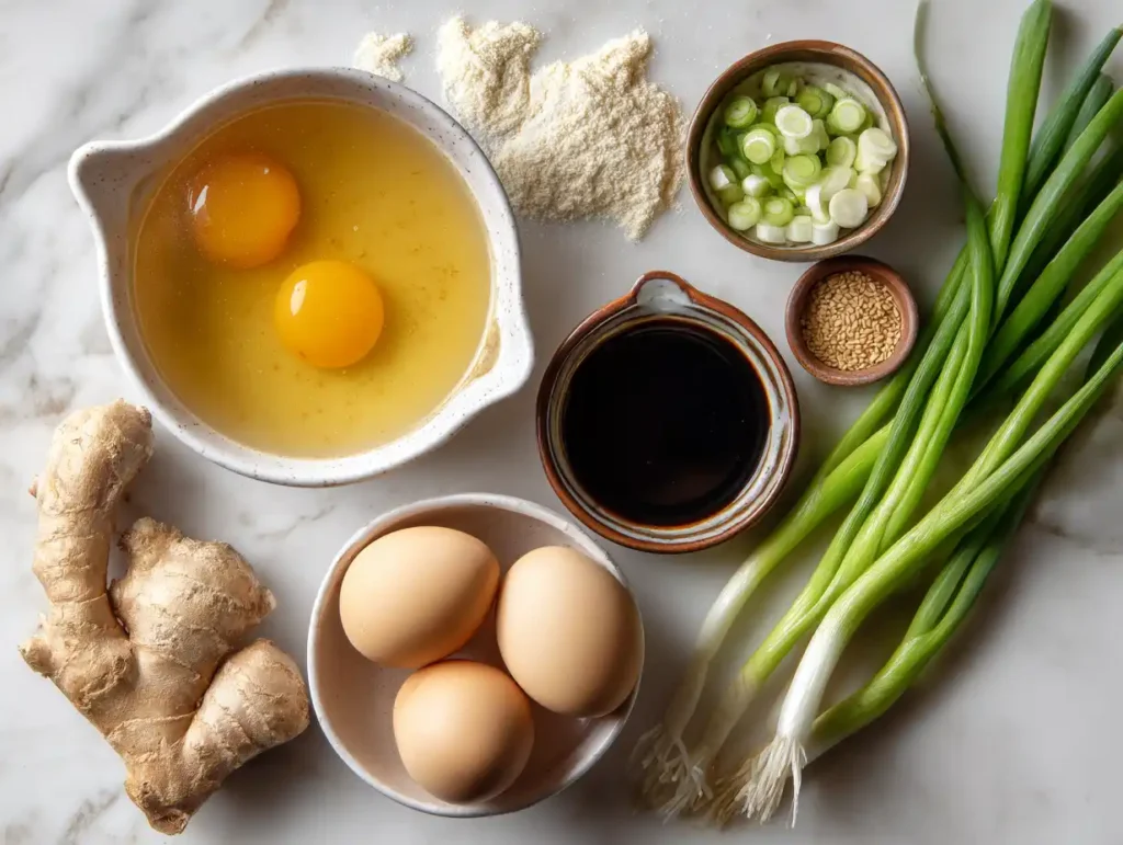 Easy Egg Drop Soup Recipe Ready in 10 Minutes 13 Egg drop soup ingredients flat lay with eggs, chicken broth, ginger, green onions and cornstarch on white marble