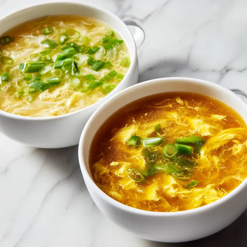 Easy Egg Drop Soup Recipe Ready in 10 Minutes 19 Two bowls of egg drop soup showing classic pale gold and restaurant-style turmeric golden versions