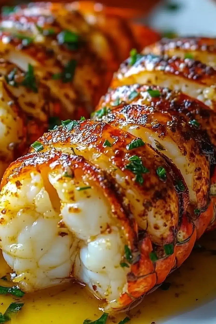Delicious garlic butter lobster tails served with lemon
