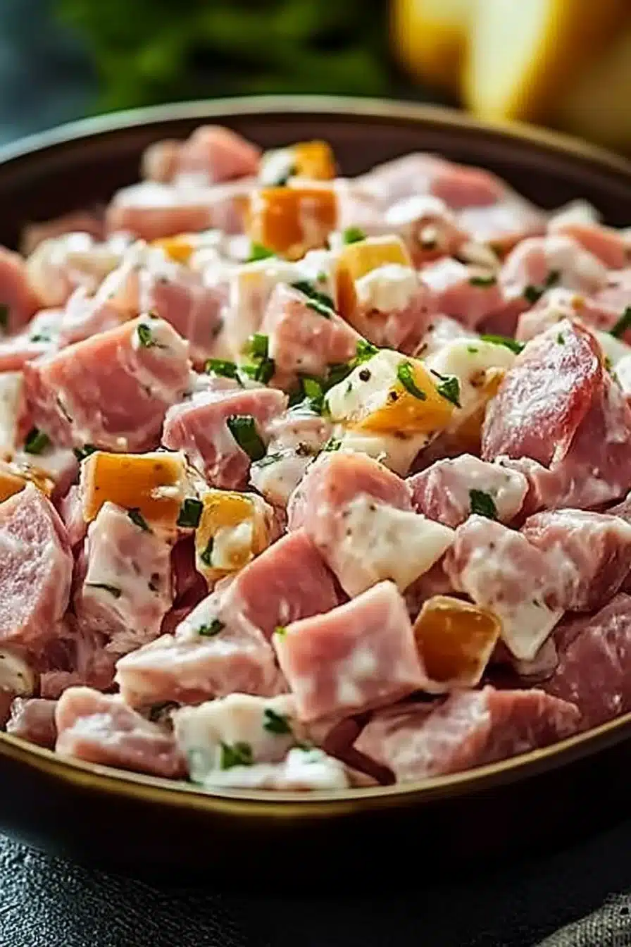 A tasty bowl of homemade ham salad served with crackers