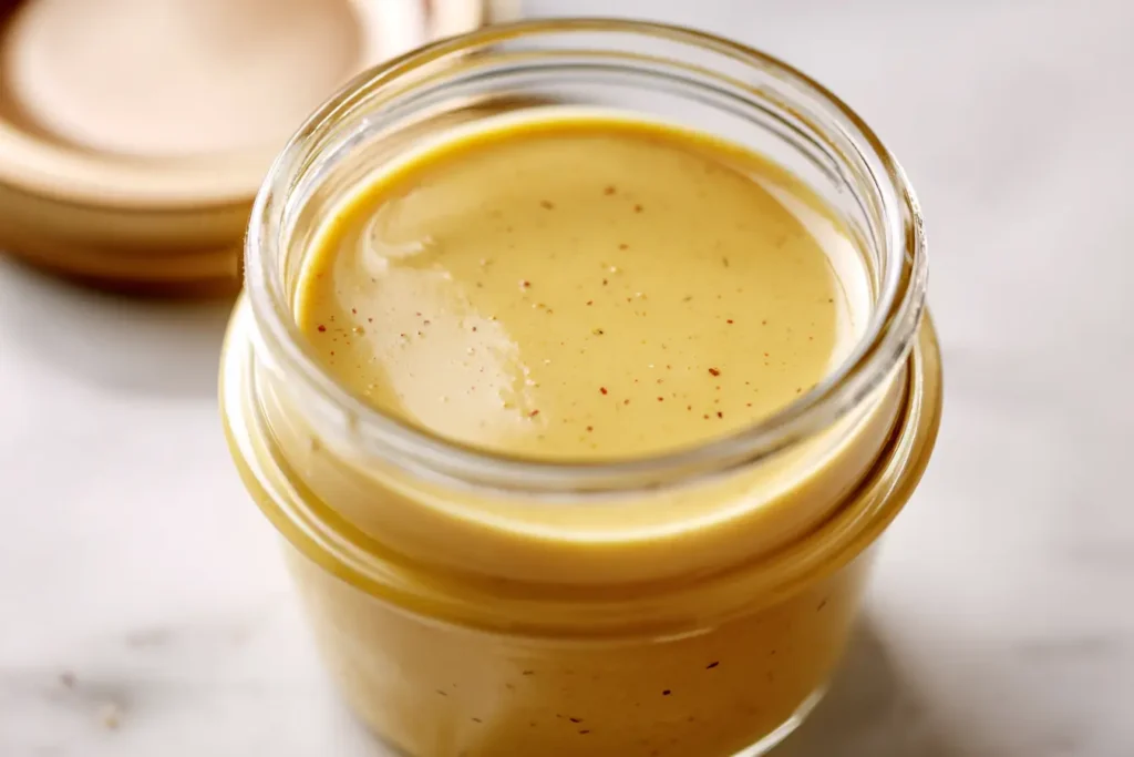 Homemade honey mustard sauce stored in a glass mason jar with golden color and smooth texture