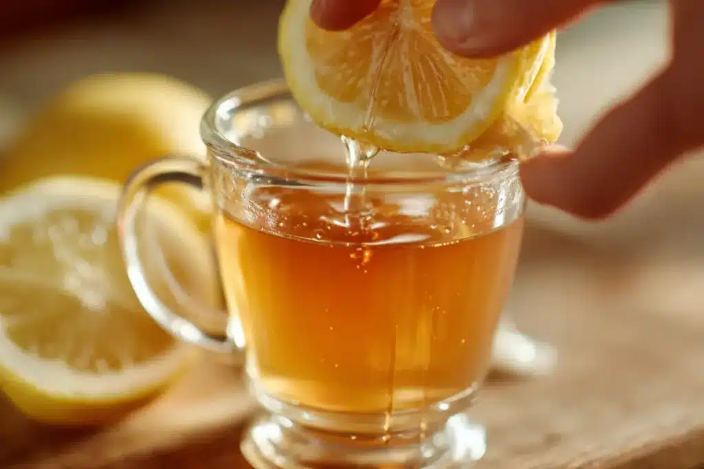 Honey Alzheimer Treatment: Can This Golden Ritual Support Memory? 20 Lemon juice squeezed into honey Alzheimer treatment memory blend drink in glass mug