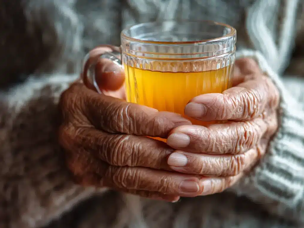 Honey Alzheimer Treatment: Can This Golden Ritual Support Memory? 21 Senior hands holding warm honey Alzheimer treatment memory support drink in glass mug