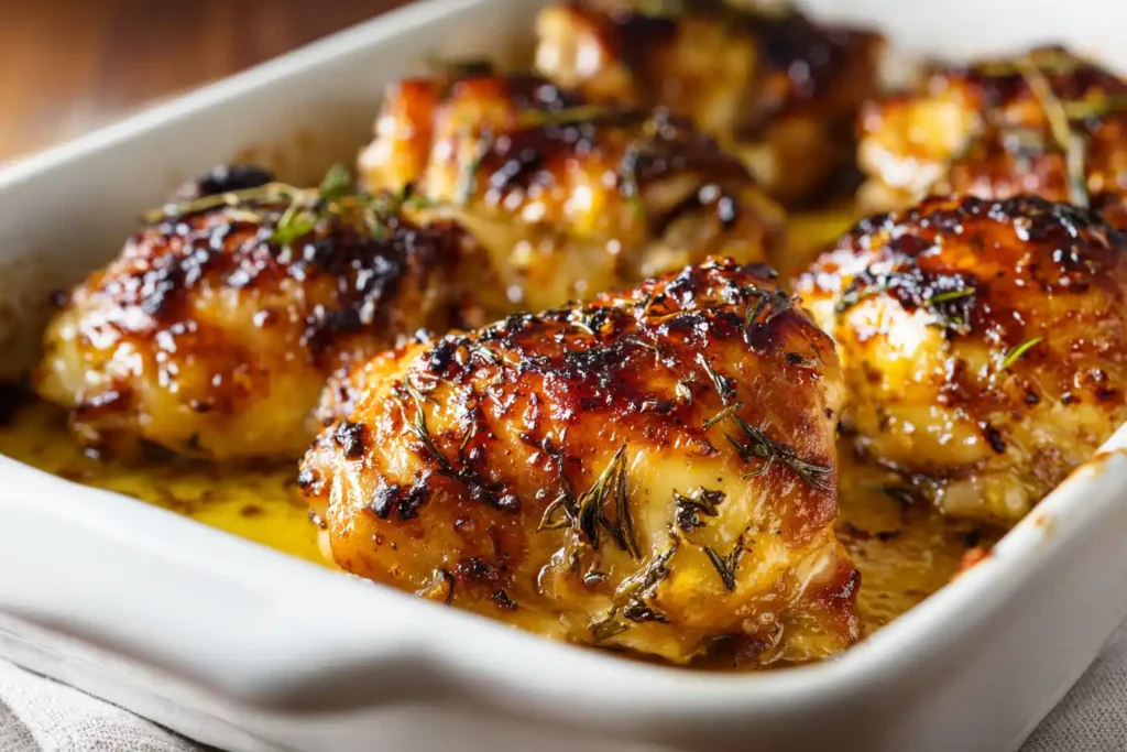 Honey mustard chicken thighs baked golden and glazed in a white baking dish