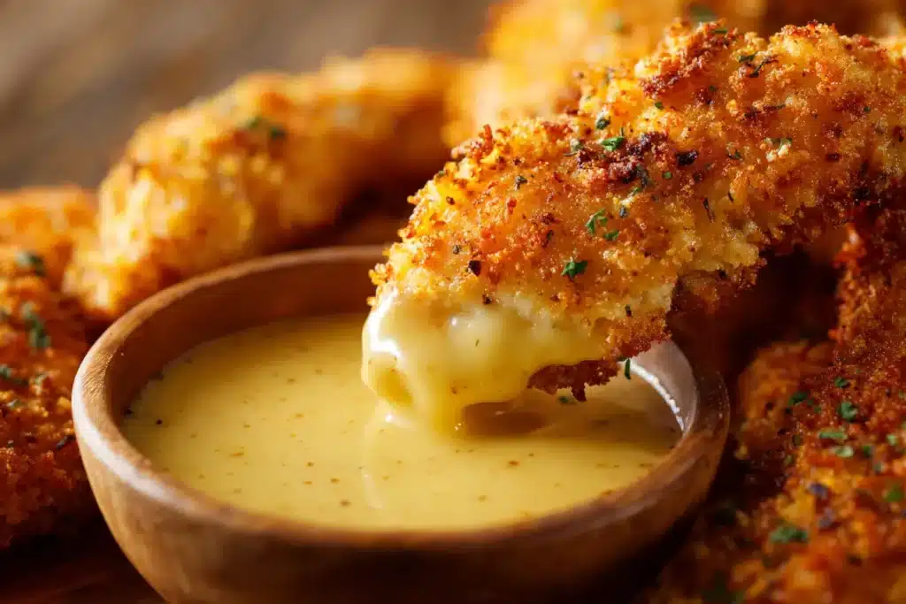 Crispy chicken tender being dipped into homemade honey mustard dipping sauce in a small bowl