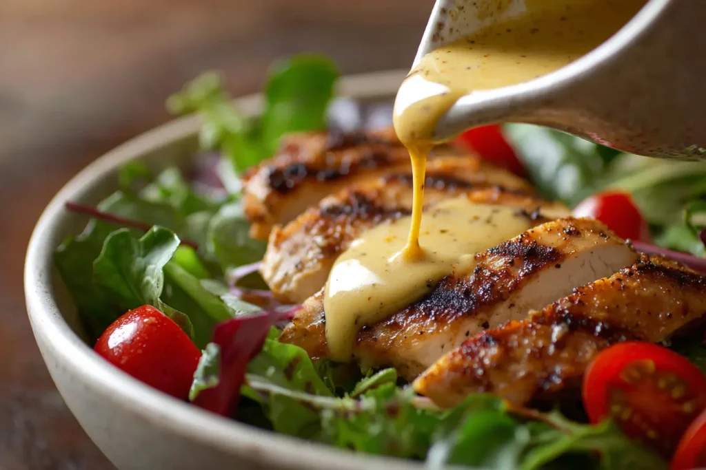 Honey mustard dressing recipe drizzled over fresh green salad with grilled chicken in a white bowl