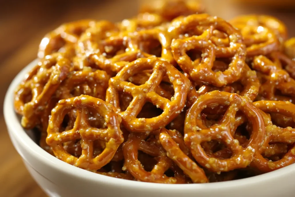 Honey mustard pretzels coated in golden sauce and baked crunchy in a white serving bowl