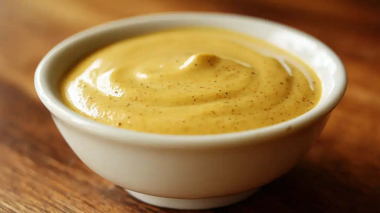 Best homemade honey mustard recipe in a small white bowl with golden creamy sauce