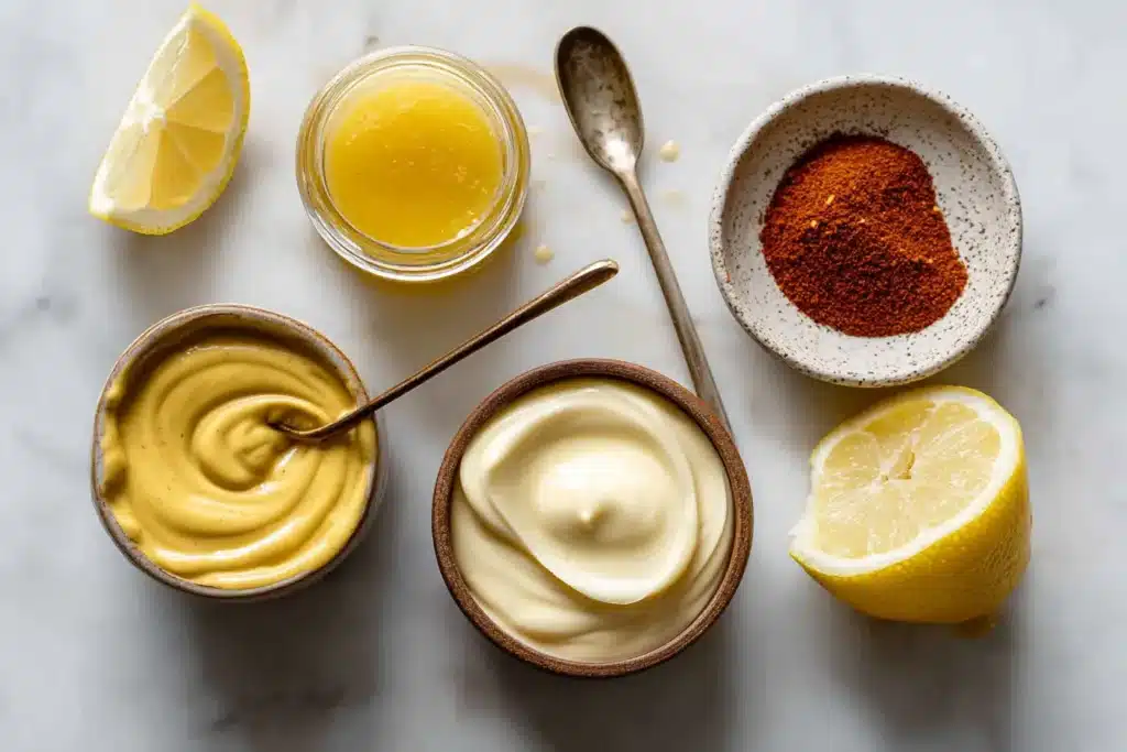 Honey mustard recipe ingredients including Dijon mustard, honey, mayonnaise, lemon and cayenne pepper on a marble surface