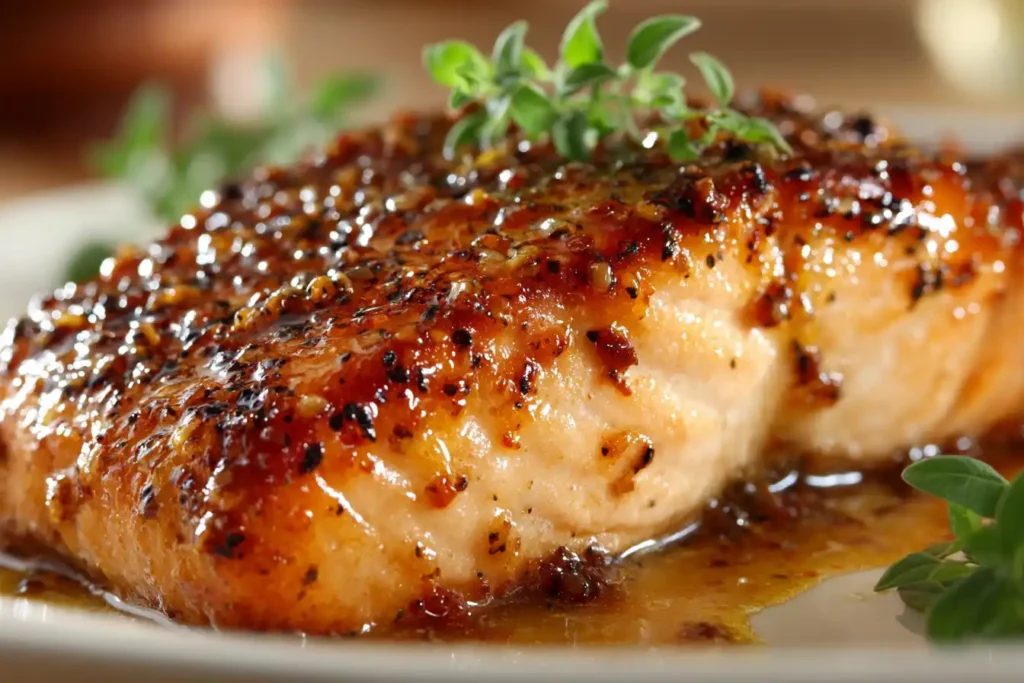 Honey mustard salmon fillet glazed and baked with caramelized golden coating on a white plate
