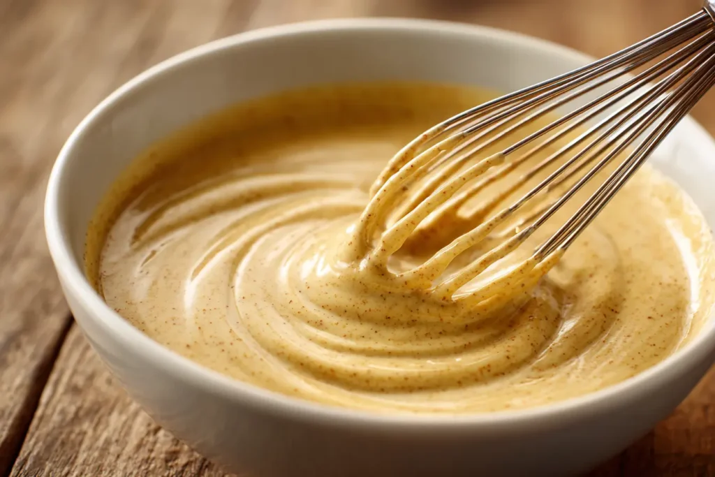How to make honey mustard sauce by whisking ingredients together in a white mixing bowl