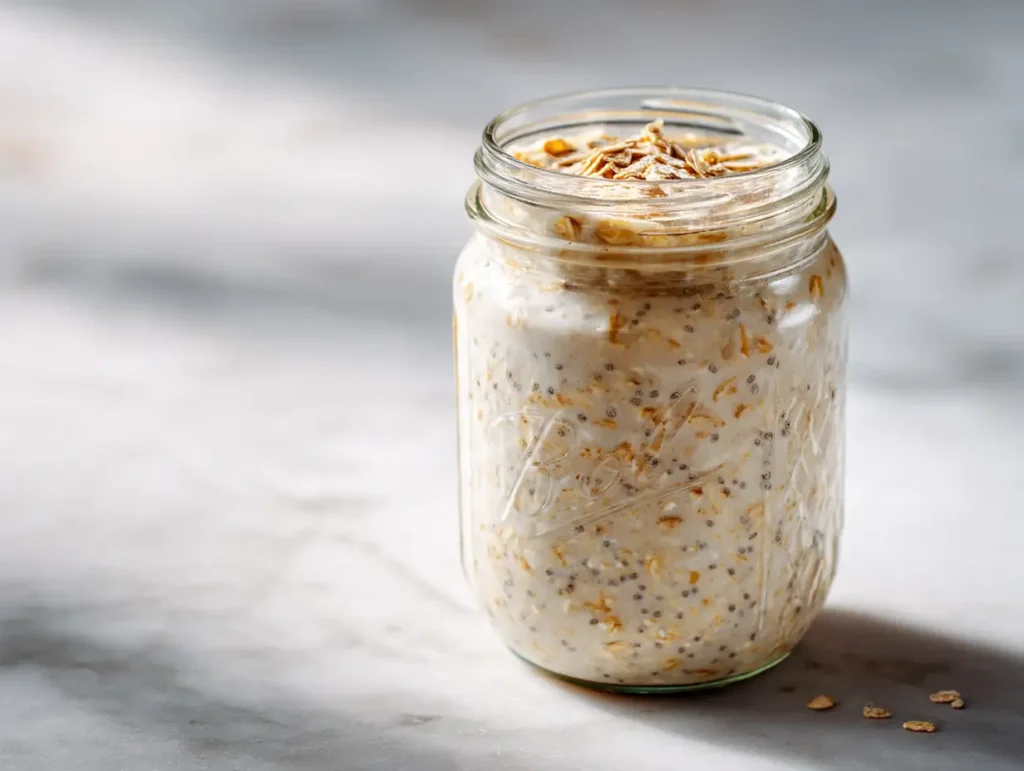Finished low calorie overnight oats in a sealed mason jar ready for the refrigerator