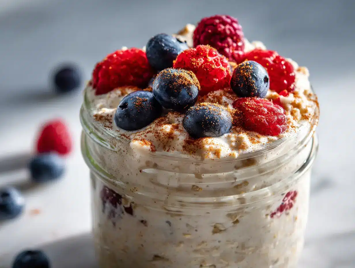 Low calorie overnight oats in a glass jar topped with fresh berries and chia seeds