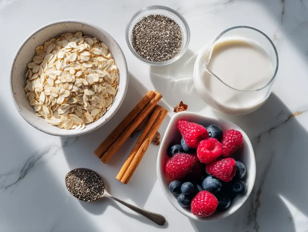 Ingredients for low calorie overnight oats including rolled oats, almond milk, chia seeds, and Greek yogurt