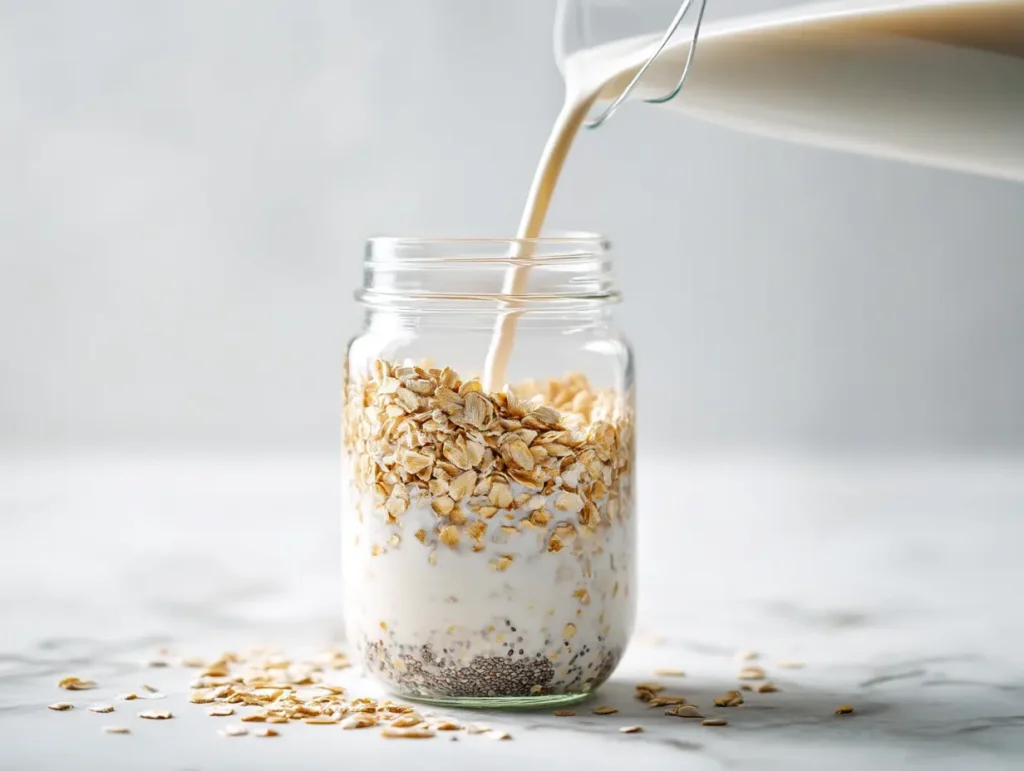 Pouring almond milk and yogurt mixture into a jar of low calorie overnight oats
