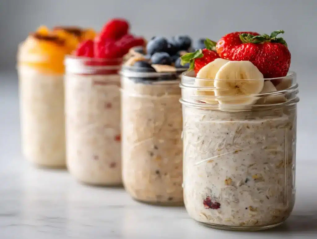 Five jars of low calorie overnight oats lined up for weekly meal prep
