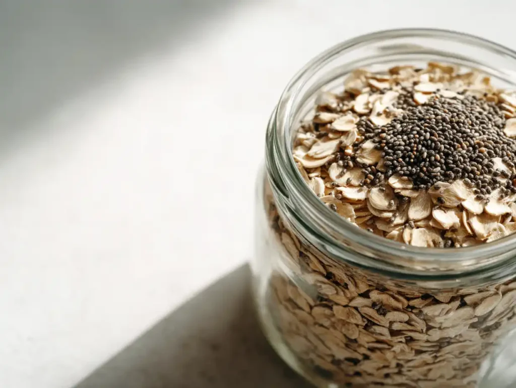 Rolled oats and chia seeds layered in a mason jar for low calorie overnight oats