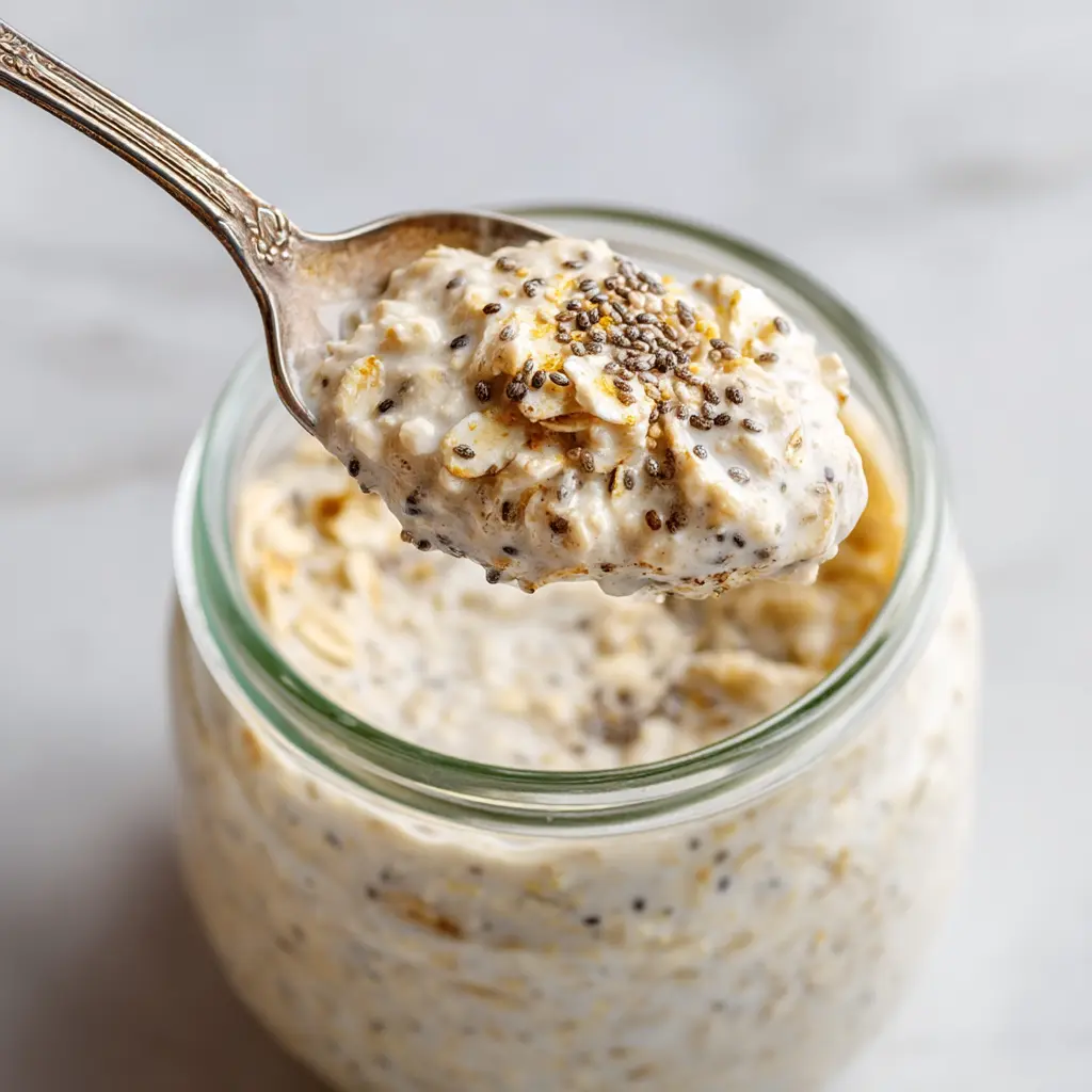 Spoon scooping creamy low calorie overnight oats from a jar showing thick texture