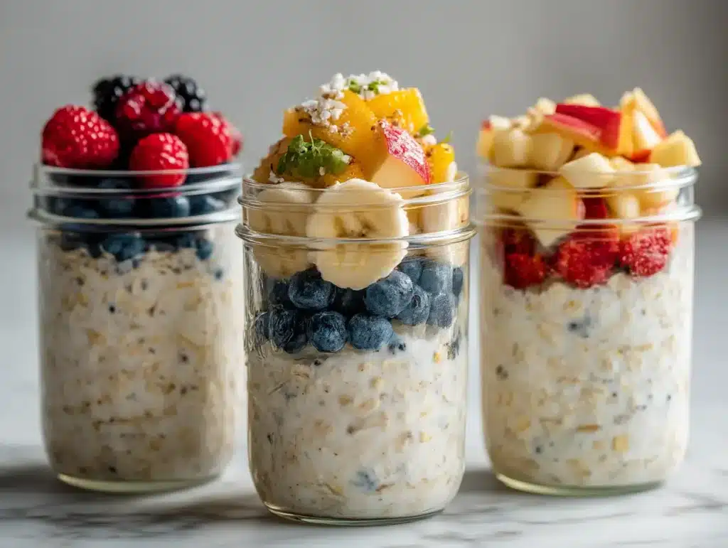 Multiple low calorie overnight oats jars with different toppings and flavor variations
