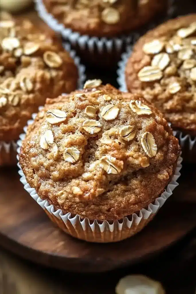 Current image: Moist applesauce oatmeal muffins baked golden brown on a cooling rack