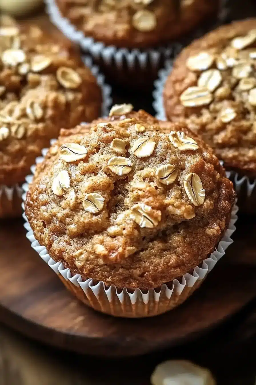 Moist applesauce oatmeal muffins baked golden brown on a cooling rack