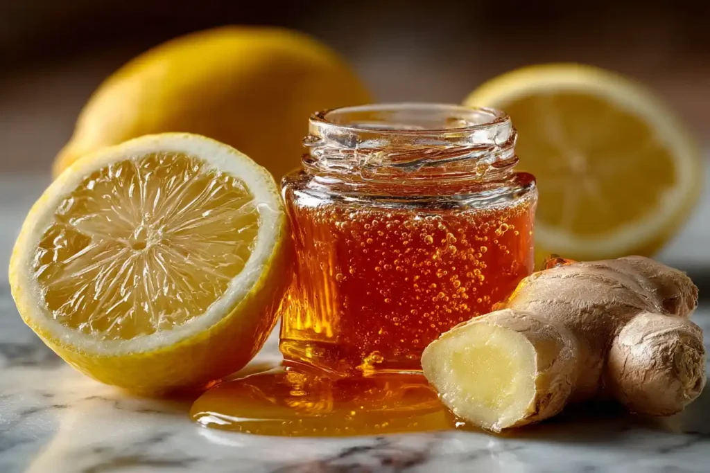 mounjaro and lemon water ingredients lemon ginger honey close up shot