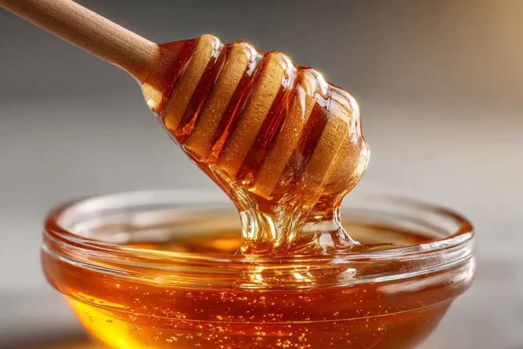 raw honey being drizzled into the mounjaro drink recipe glass