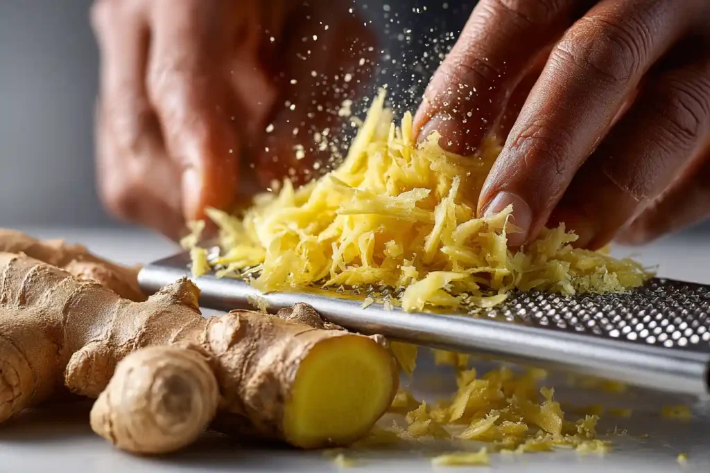 fresh ginger being grated for the mounjaro lemon drink recipe