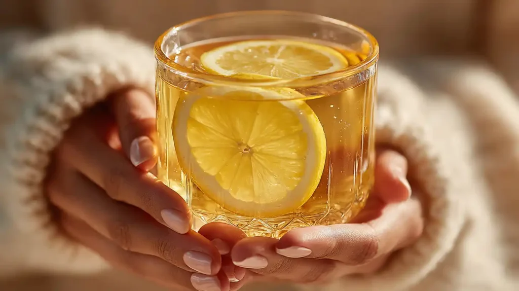 natural mounjaro lemon ginger morning drink held in both hands warm