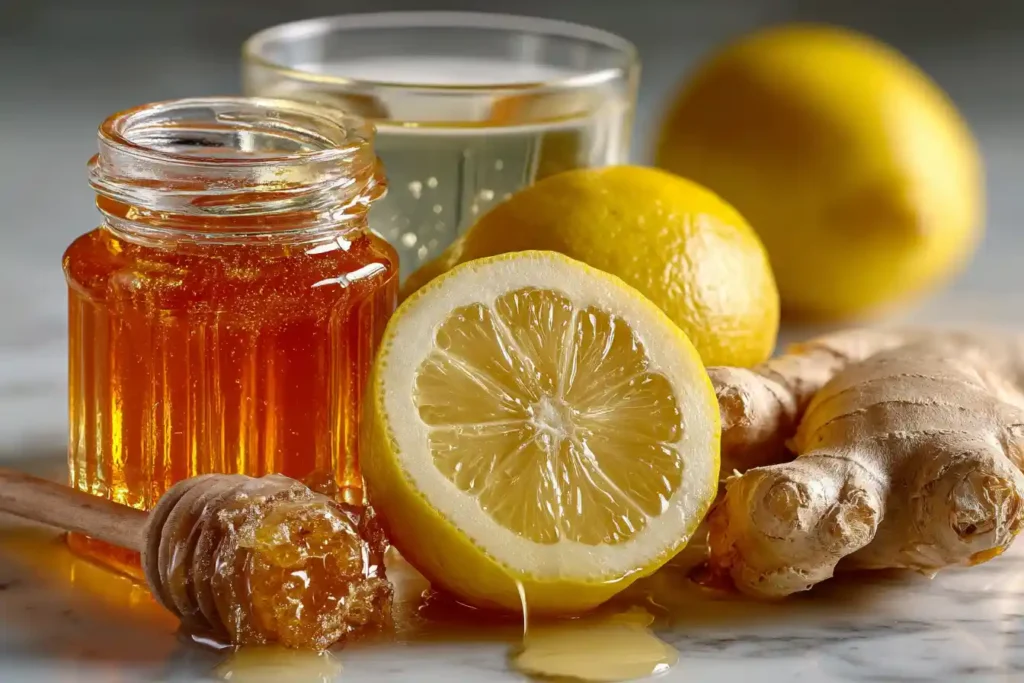 natural mounjaro recipe 4 ingredients lemon ginger honey water on white surface
