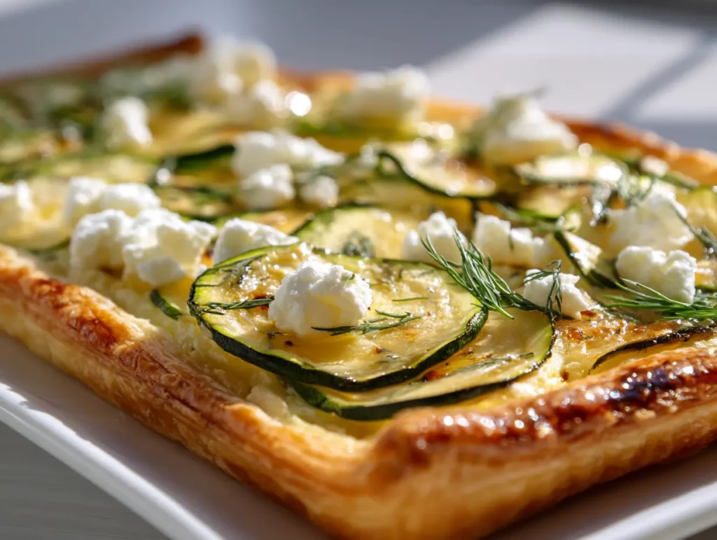 Goat cheese zucchini puff pastry tart variation with herbs on white plate
