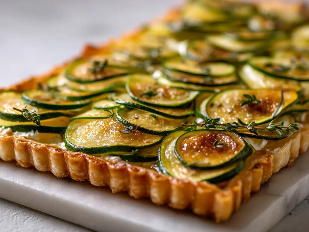 Current image: Golden puff pastry zucchini tart with ricotta and fresh herbs on white plate