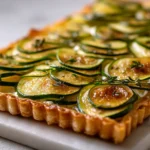 Golden puff pastry zucchini tart with ricotta and fresh herbs on white plate