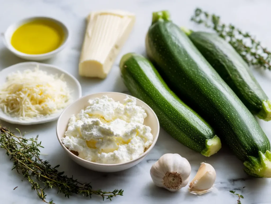 Fresh ingredients for puff pastry zucchini tart including zucchini, ricotta, herbs
