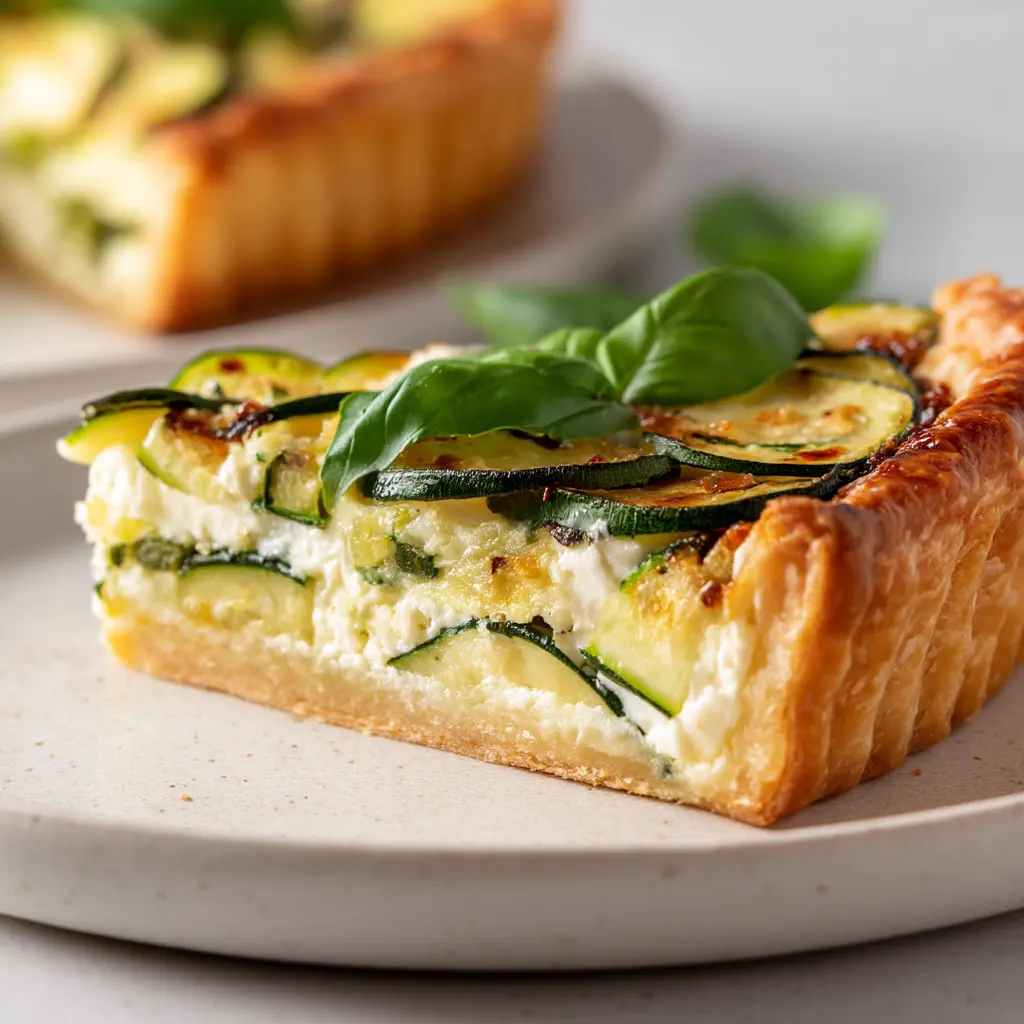 Sliced puff pastry zucchini tart on white plate showing layers of ricotta and zucchini