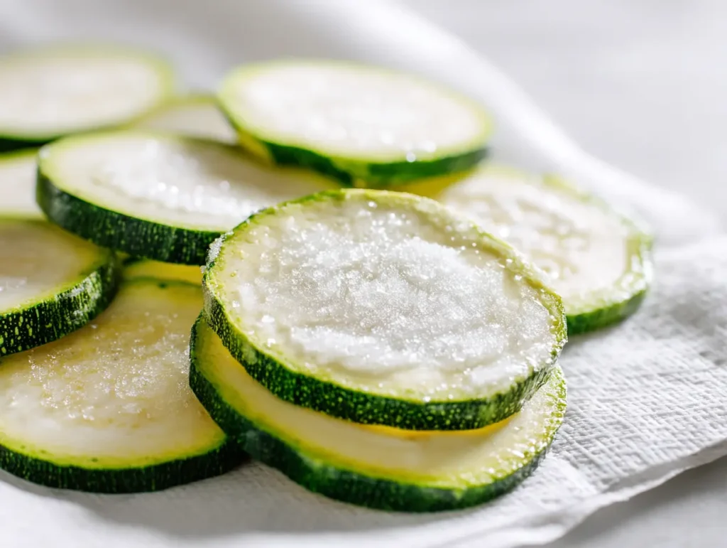 Thin zucchini slices being salted on paper towels for puff pastry zucchini tart