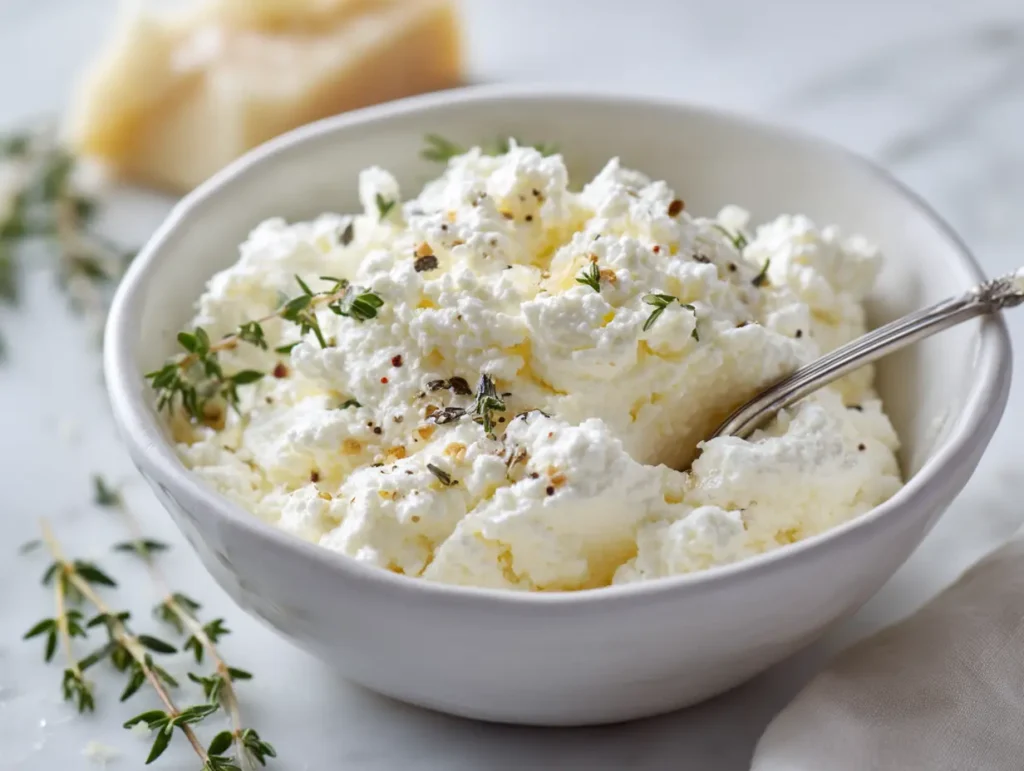 Creamy ricotta filling being mixed for savory puff pastry zucchini tart