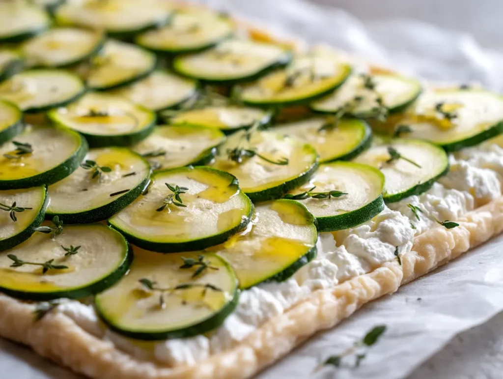 Zucchini slices being arranged on ricotta puff pastry tart before baking