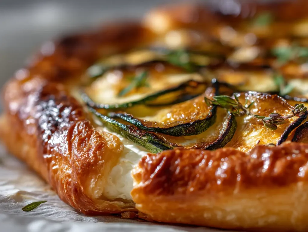 Freshly baked puff pastry zucchini tart just out of the oven with golden edges