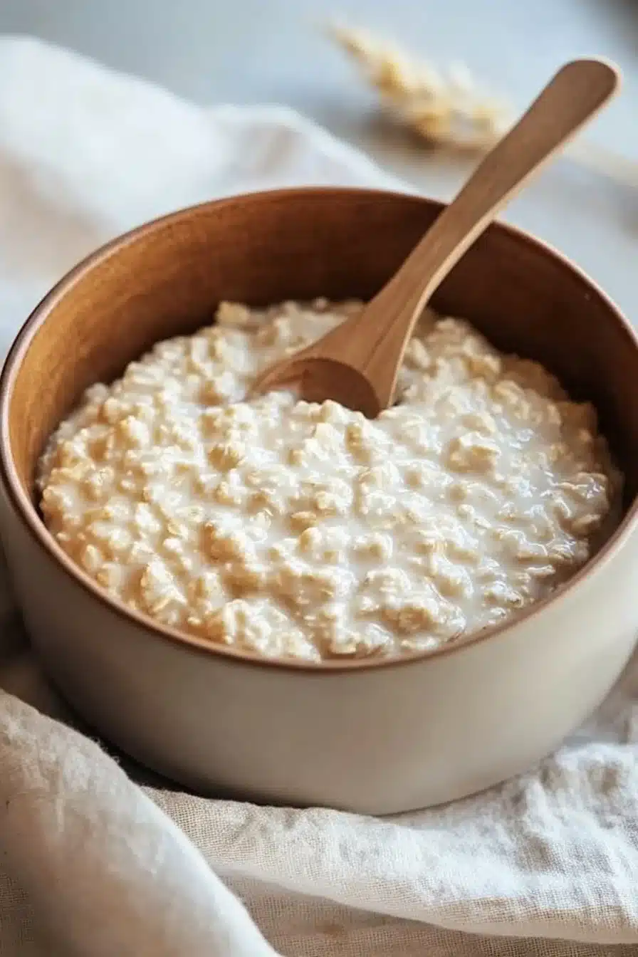Bowl of simple and delicious oatmeal with fresh fruits and nuts
