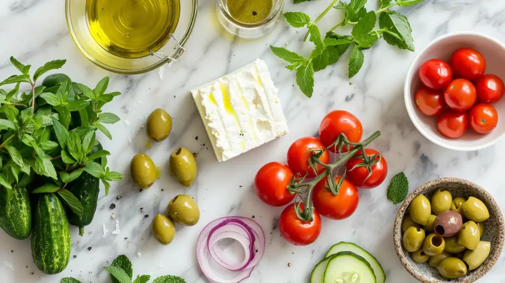 Simple Greek salad ingredients including feta, cucumber, cherry tomatoes and Kalamata olives