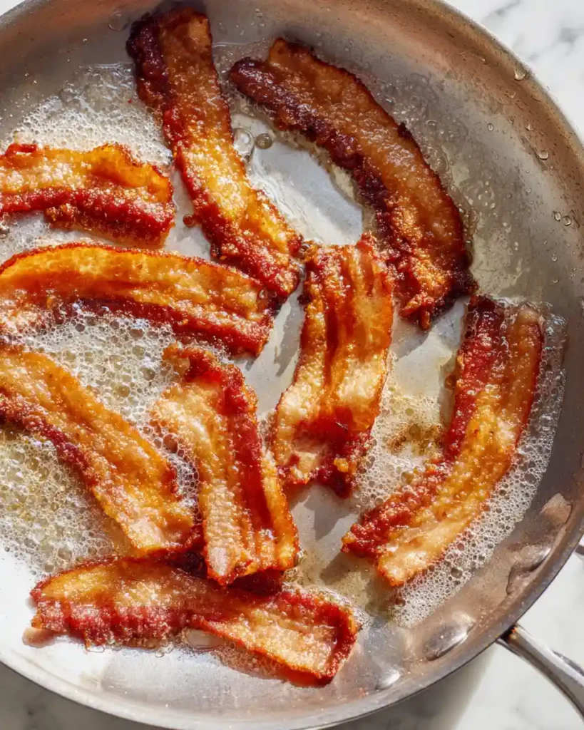 Ultimate Spaghetti Carbonara Recipe (Creamy, No Cream) 12 Guanciale strips rendering low and slow in a skillet with golden fat releasing, first step of the spaghetti carbonara recipe.