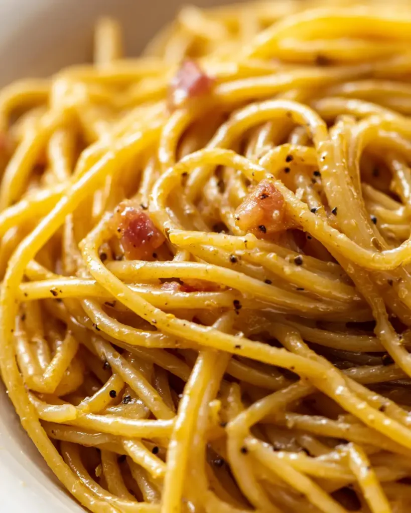 Ultimate Spaghetti Carbonara Recipe (Creamy, No Cream) 17 Silky glossy carbonara sauce coating spaghetti strands in a white bowl showing the emulsification result of egg yolks and pasta starch.
