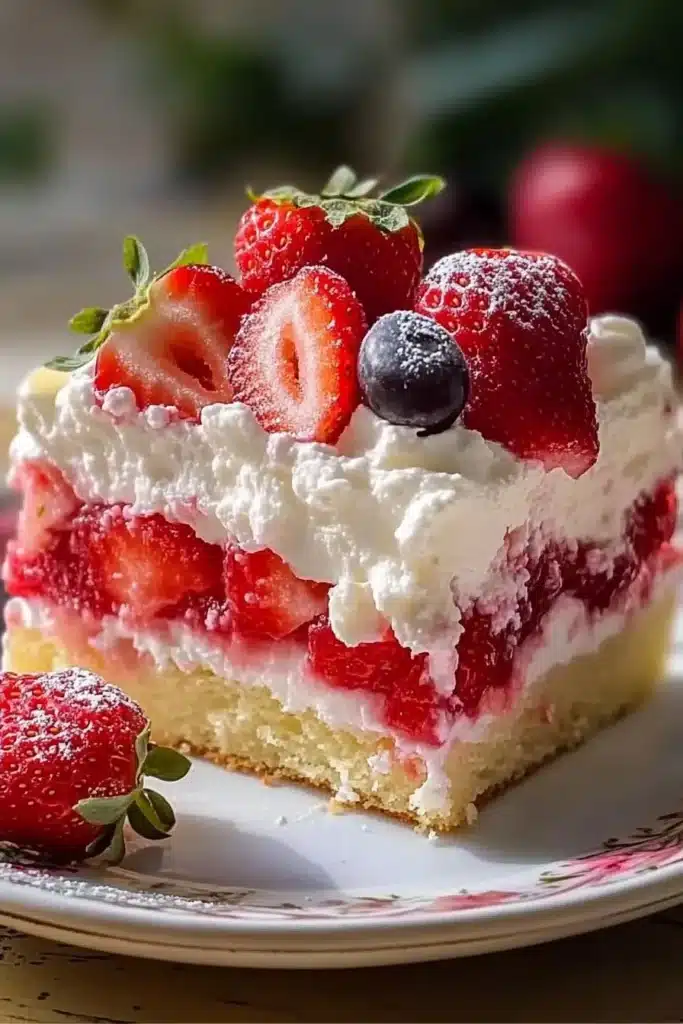 Strawberry Earthquake Cake 4 Current image: A slice of delicious Strawberry Earthquake Cake topped with fresh strawberries.