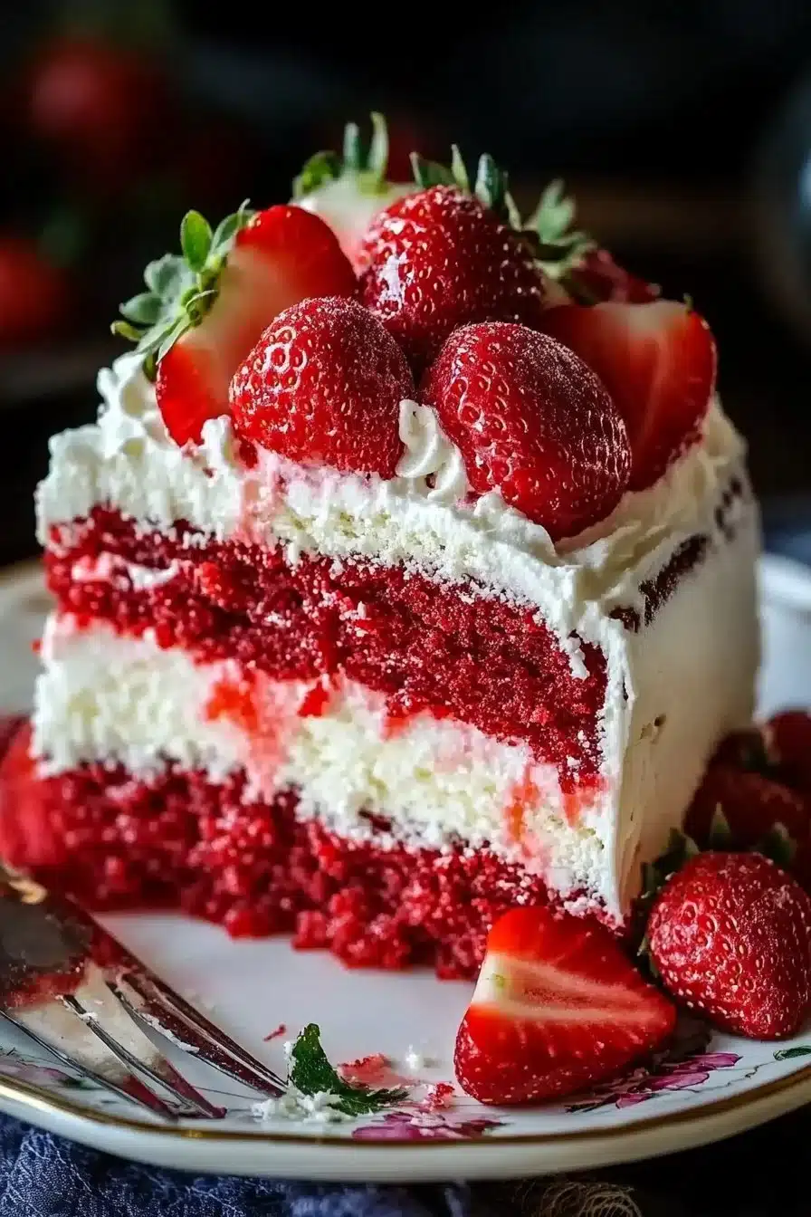 Delicious strawberry earthquake cake topped with fresh strawberries and chocolate drizzle