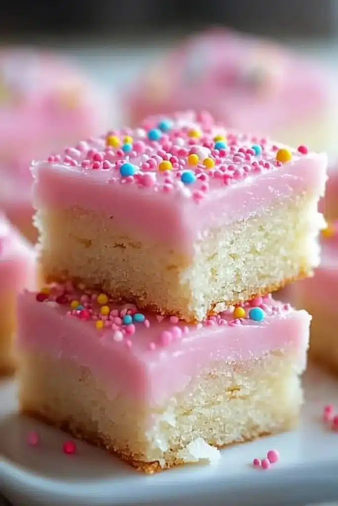 Current image: Delicious sugar cookie bars topped with icing and sprinkles