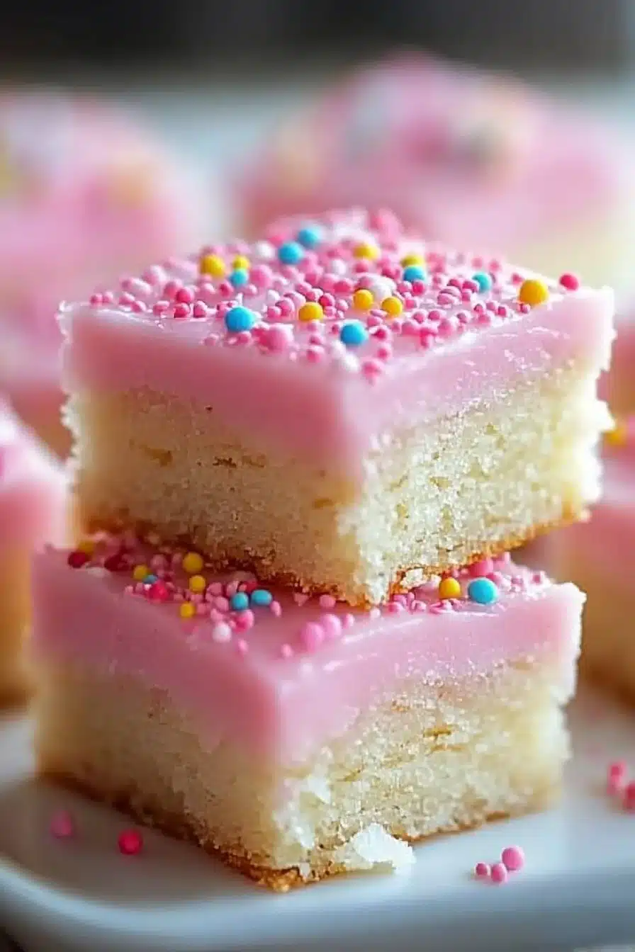 Delicious sugar cookie bars topped with icing and sprinkles