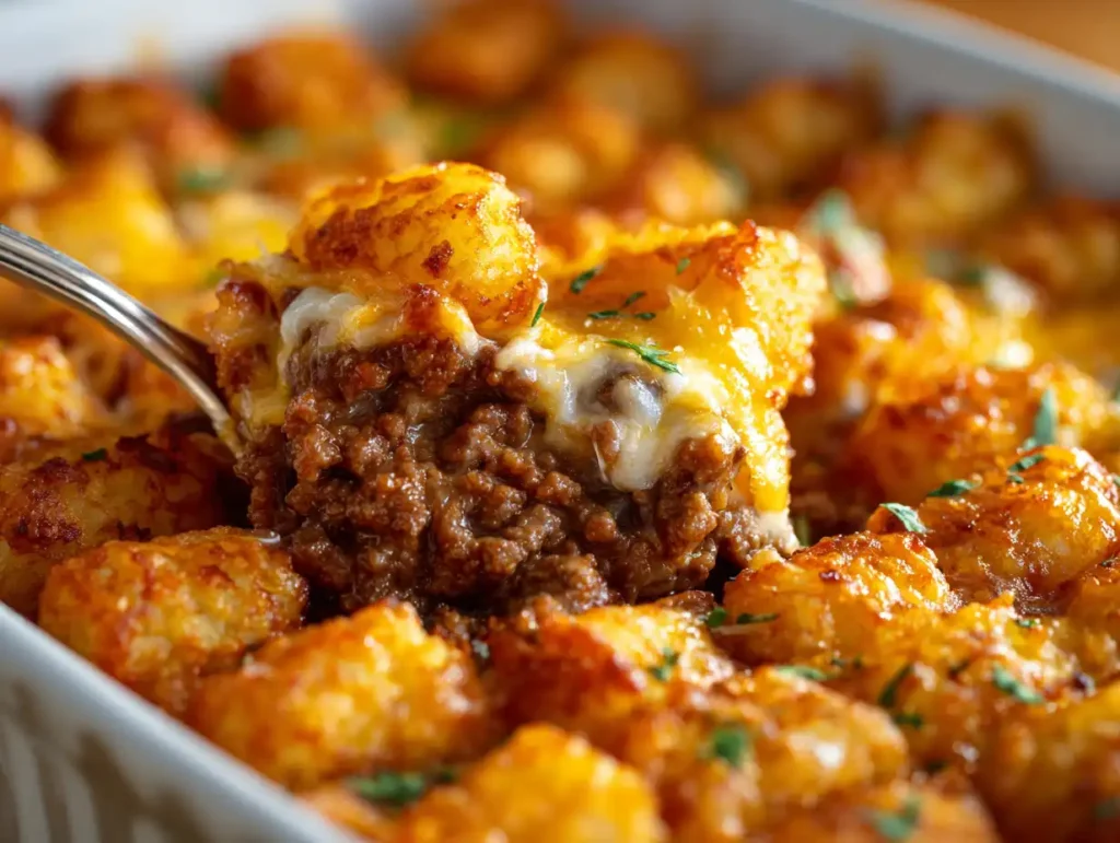 Easy Tater Tot Casserole With Ground Beef 13 Close up serving of tater tot casserole with ground beef with crispy tots and creamy beef