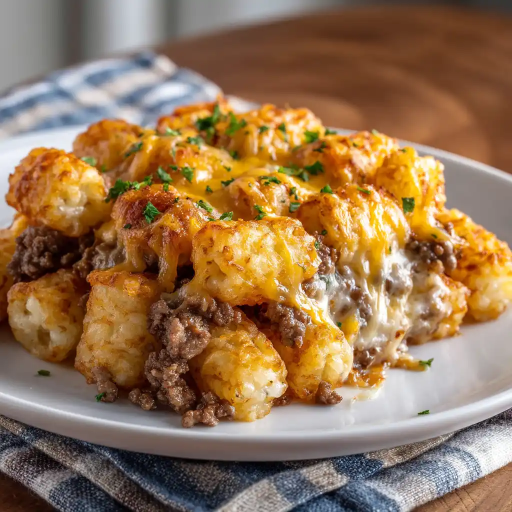 Easy Tater Tot Casserole With Ground Beef 21 Single serving of tater tot casserole with ground beef in a white plate